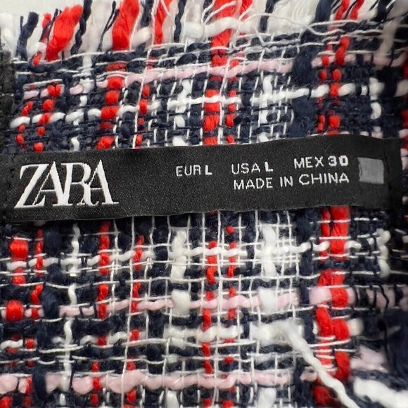 ZARA Tweed Plaid Top with Navy Sheer Chiffon Sleeves Size L - Picture 7 of 10